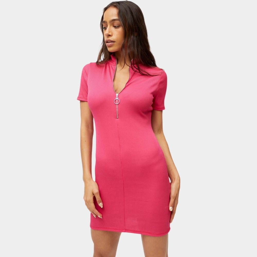 UO Tonya Mini Dress Hot Pink Zip Up Ribbed Short Sleeve Size M